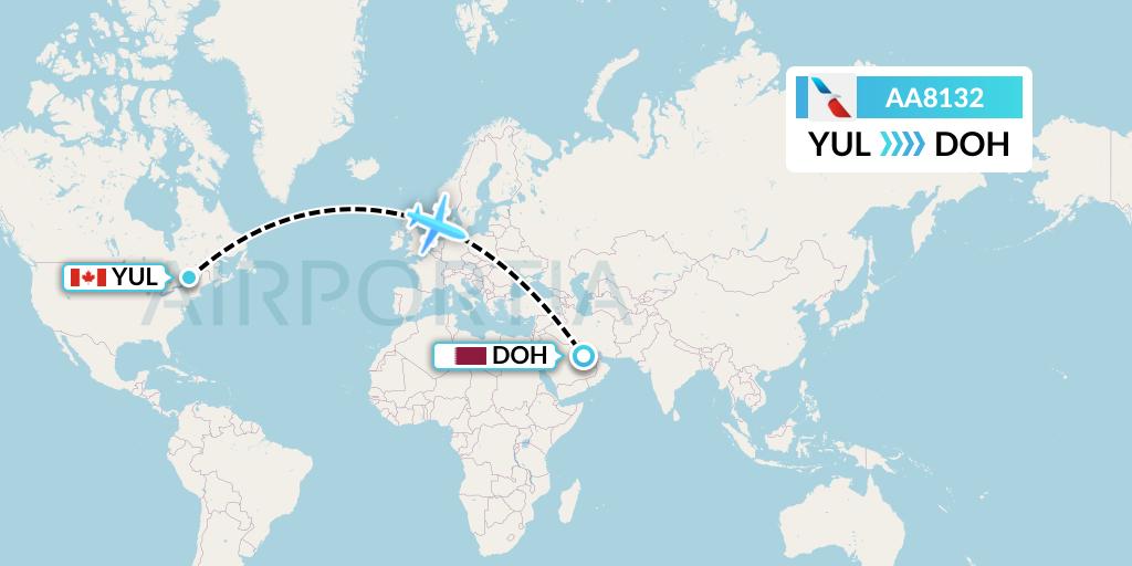 AA8132 American Airlines Flight Map: Montreal to Doha