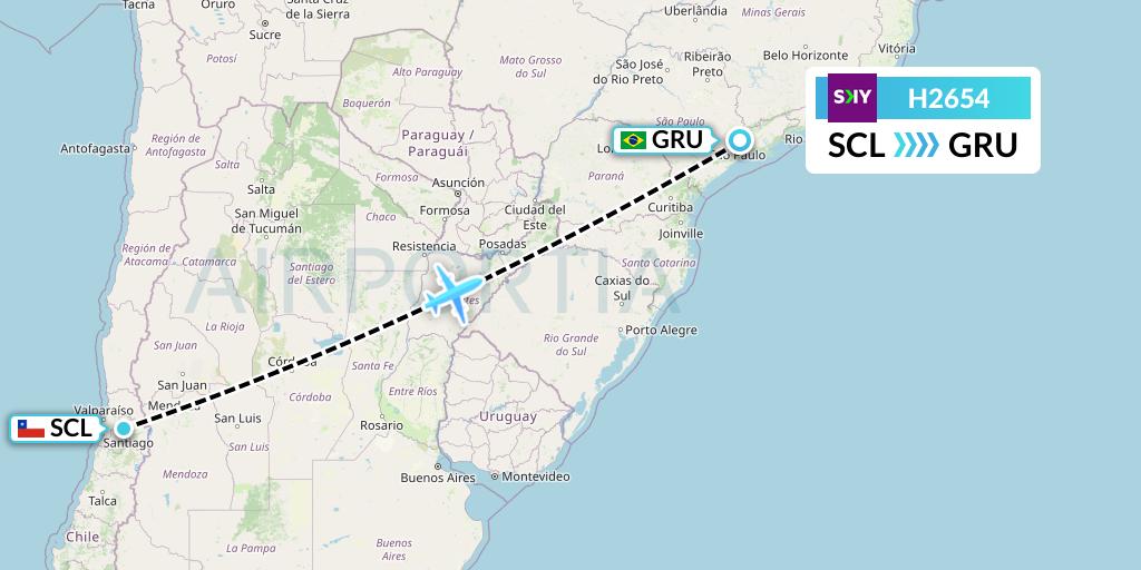 H2654 Sky Airline Flight Map: Santiago to Sao Paulo