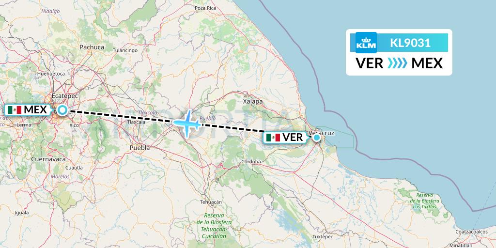 KL9031 KLM Flight Map: Veracruz to Mexico City