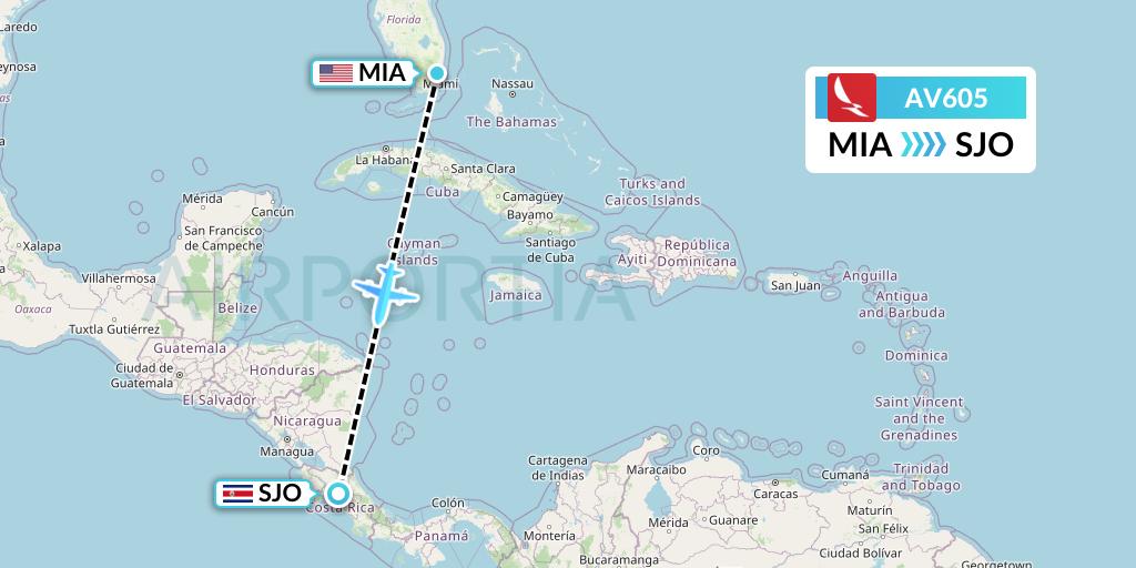 AV605 Avianca Flight Map: Miami to San Jose
