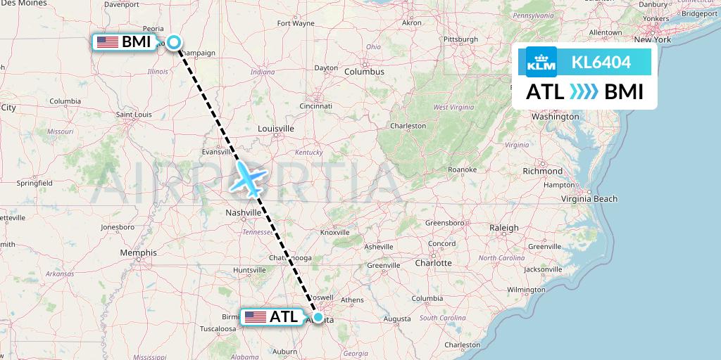 KL6404 KLM Flight Map: Atlanta to Bloomington