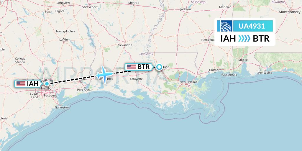 UA4931 United Airlines Flight Map: Houston to Baton Rouge