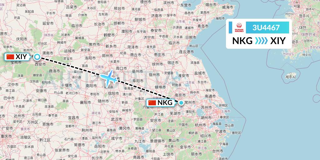 3U4467 Sichuan Airlines Flight Map: Nanjing to Xi'an