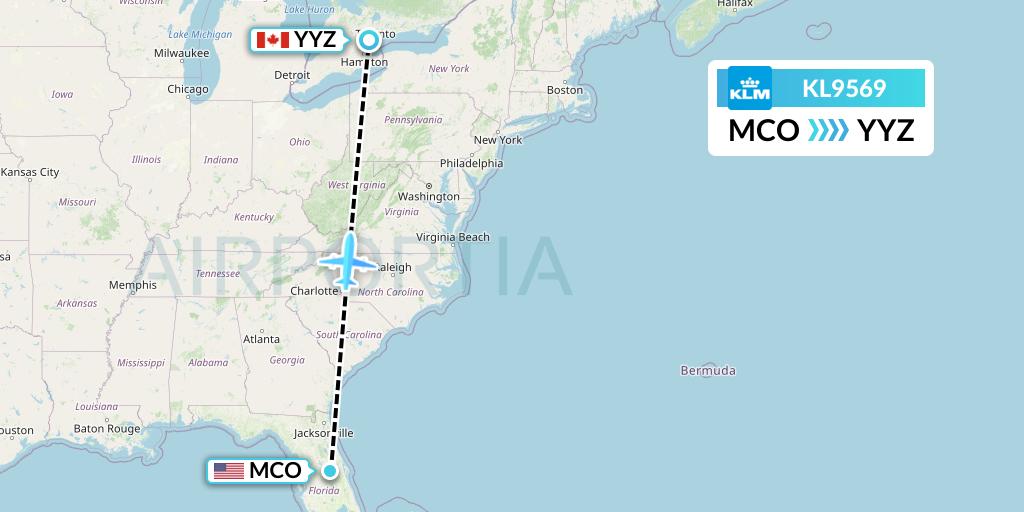 KL9569 KLM Flight Map: Orlando to Toronto