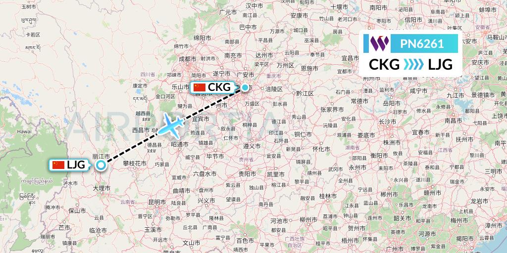 PN6261 China West Air Flight Map: Chongqing to Lijiang