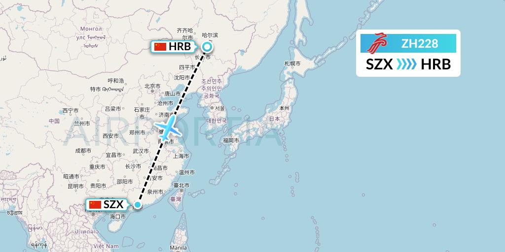 ZH228 Shenzhen Airlines Flight Map: Shenzhen to Harbin