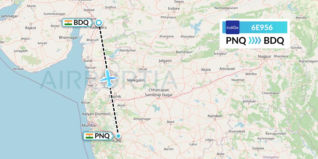6E956 IndiGo Airlines Flight Map: Pune to Vadodara
