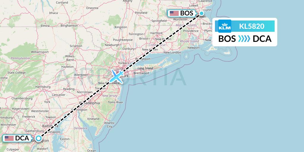 KL5820 KLM Flight Map: Boston to Washington