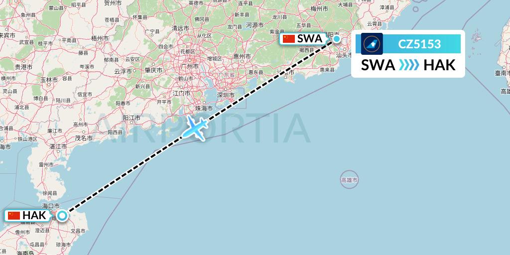 CZ5153 China Southern Airlines Flight Map: Jieyang to Haikou