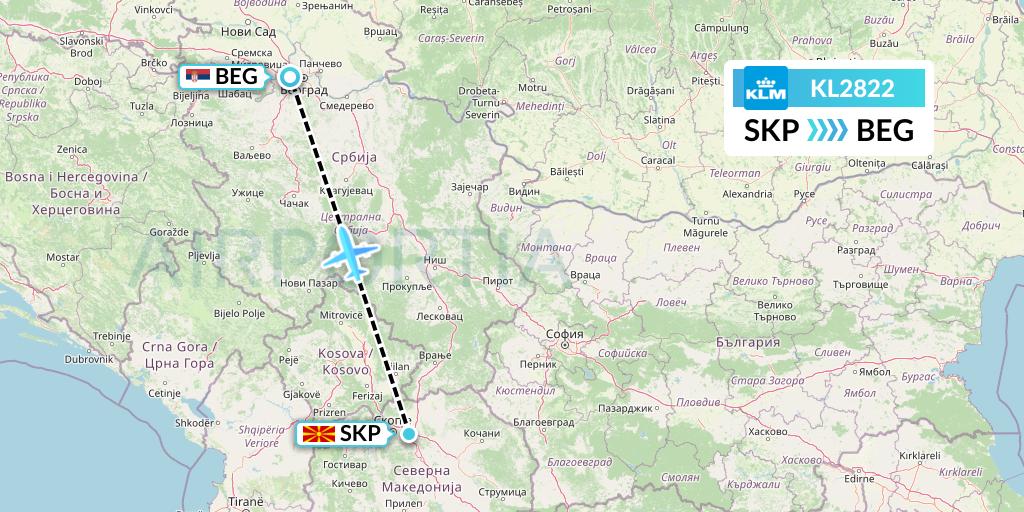KL2822 KLM Flight Map: Skopje to Belgrade