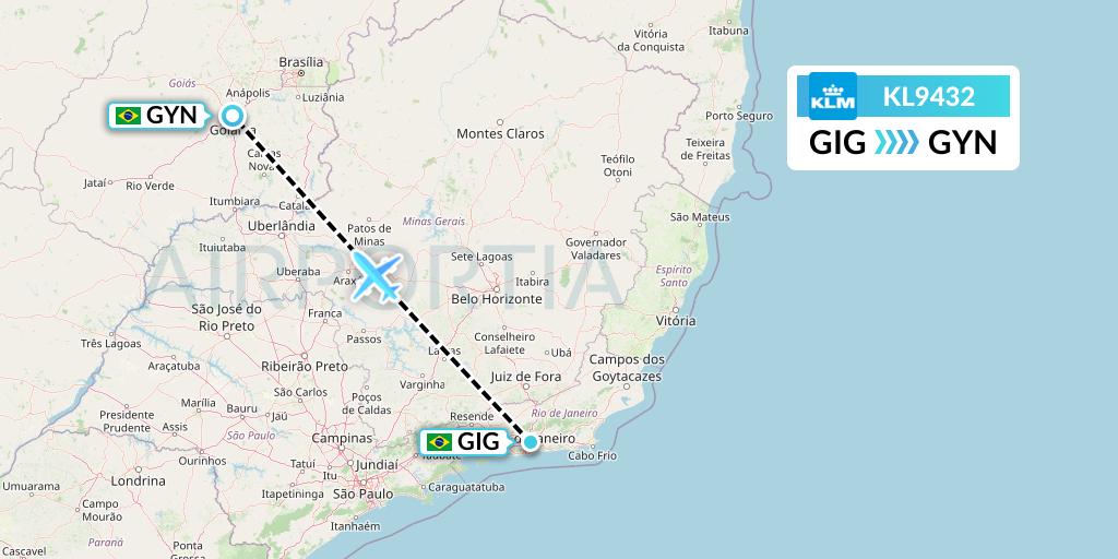 KL9432 KLM Flight Map: Rio de Janeiro to Goiania