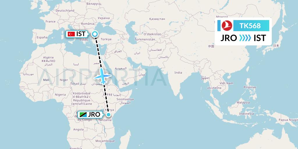TK568 Turkish Airlines Flight Map: Kilimanjaro to Istanbul