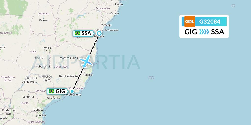 G32084 GOL Transportes Aeros Flight Map: Rio de Janeiro to Salvador