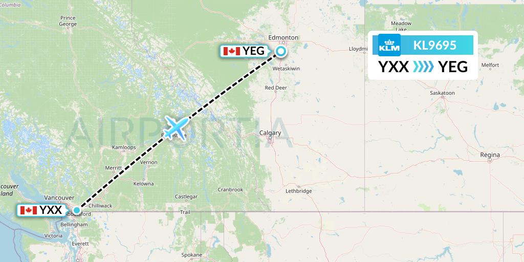 KL9695 KLM Flight Map: Abbotsford to Edmonton