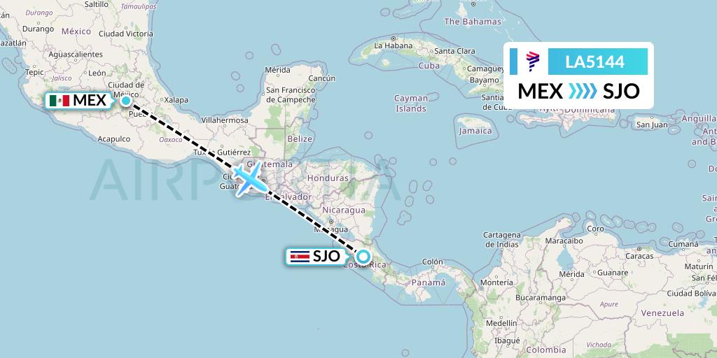LA5144 LAN Airlines Flight Map: Mexico City to San Jose