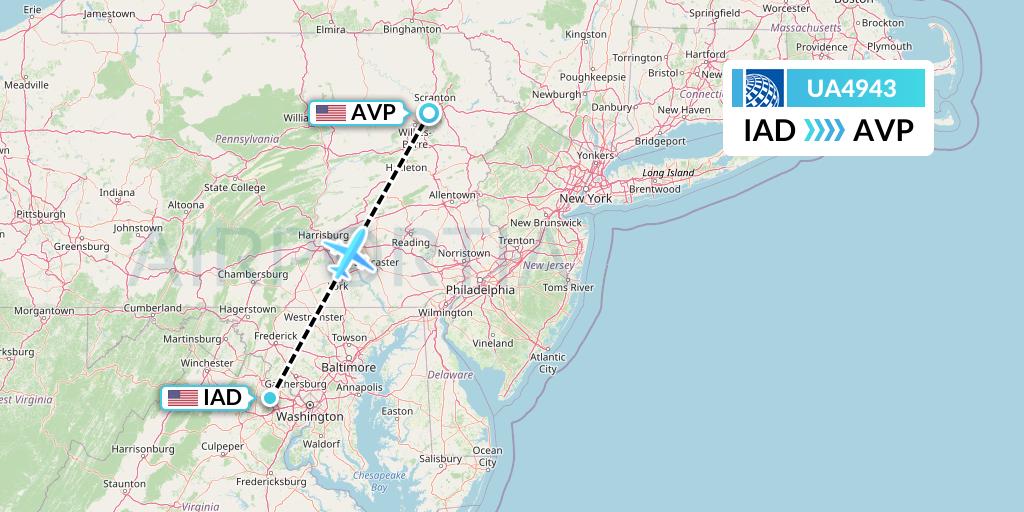UA4943 United Airlines Flight Map: Washington to Avoca
