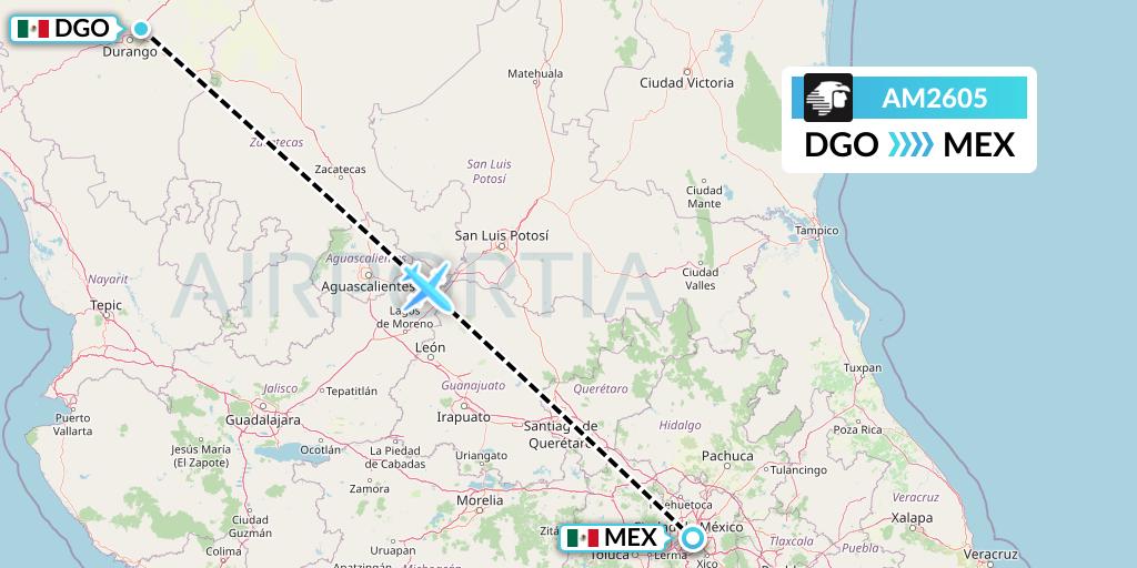 AM2605 Aeromexico Flight Map: Durango to Mexico City
