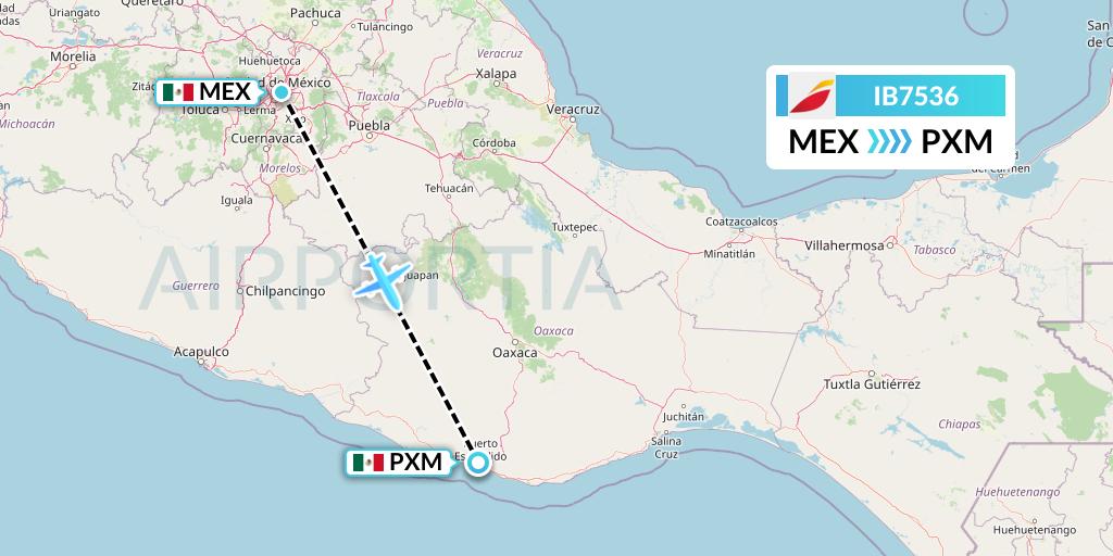 IB7536 Iberia Flight Map: Mexico City to Puerto Escondido