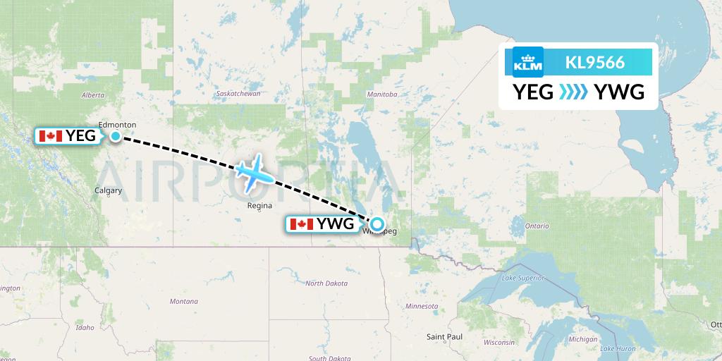KL9566 KLM Flight Map: Edmonton to Winnipeg