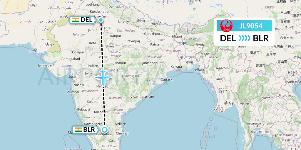 JL9054 Japan Airlines Flight Map: Delhi to Bangalore