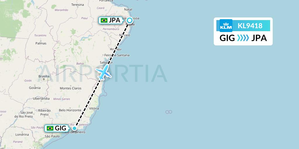 KL9418 KLM Flight Map: Rio de Janeiro to Joao Pessoa