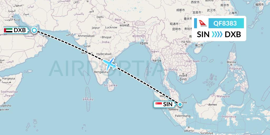 QF8383 Qantas Flight Map: Singapore to Dubai