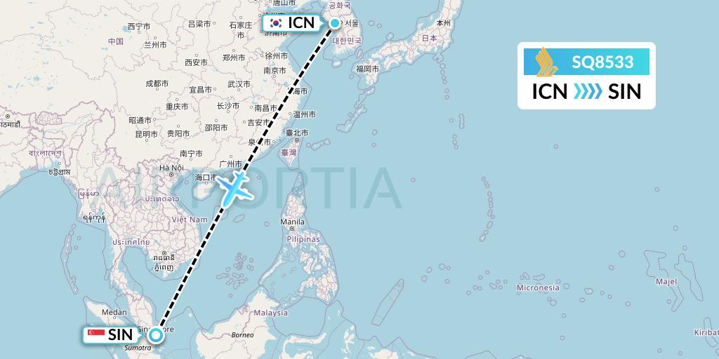 SQ8533 Singapore Airlines Flight Map: Seoul to Singapore