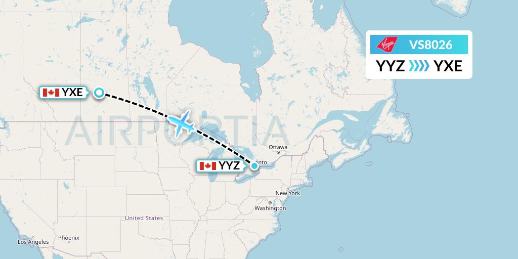 VS8026 Virgin Atlantic Airways Flight Map: Toronto to Saskatoon
