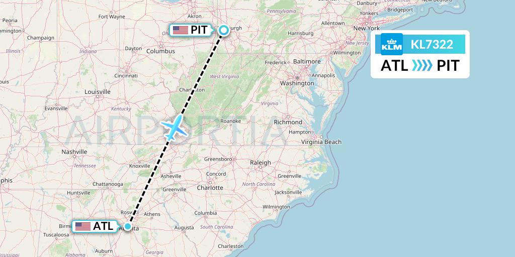 KL7322 KLM Flight Map: Atlanta to Pittsburgh