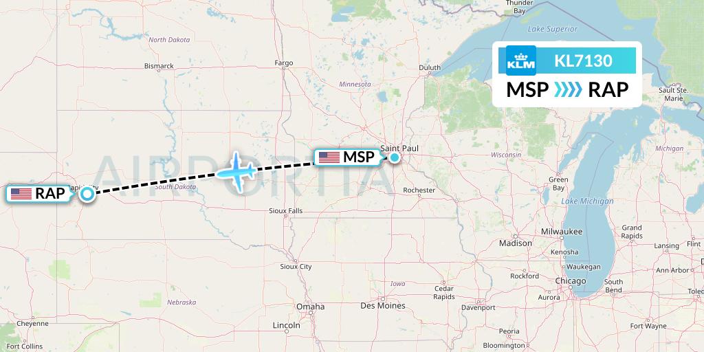 KL7130 KLM Flight Map: Minneapolis to Rapid City
