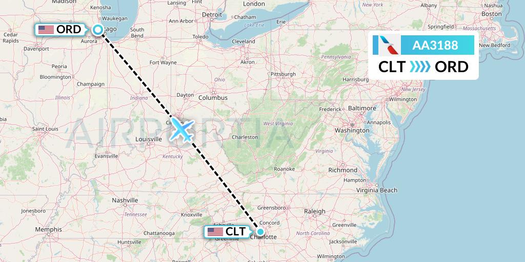 AA3188 American Airlines Flight Map: Charlotte to Chicago