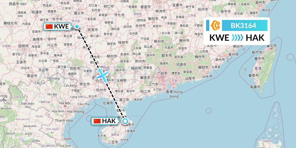 BK3164 Okay Airways Flight Map: Guiyang to Haikou