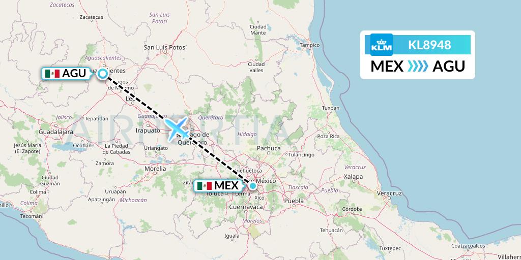 KL8948 KLM Flight Map: Mexico City to Aguascalientes