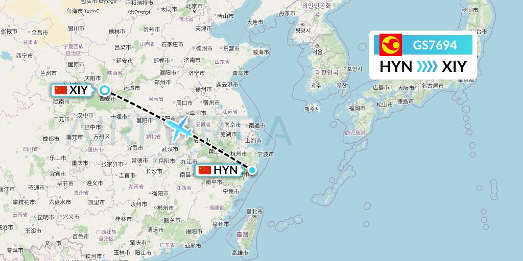 GS7694 Tianjin Airlines Flight Map: Huangyan to Xi'an