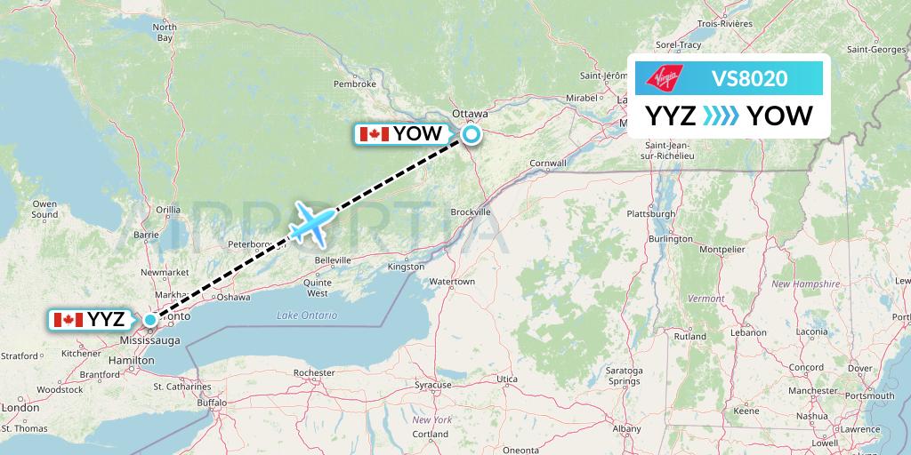VS8020 Virgin Atlantic Airways Flight Map: Toronto to Ottawa