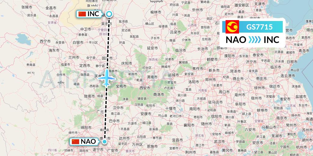 GS7715 Tianjin Airlines Flight Map: Nanchong to Yinchuan