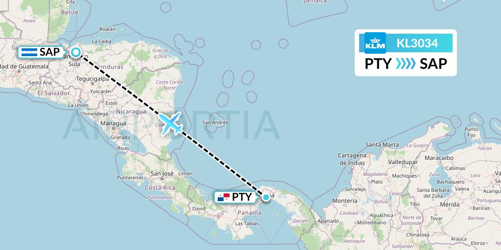 KL3034 KLM Flight Map: Panama City to San Pedro Sula