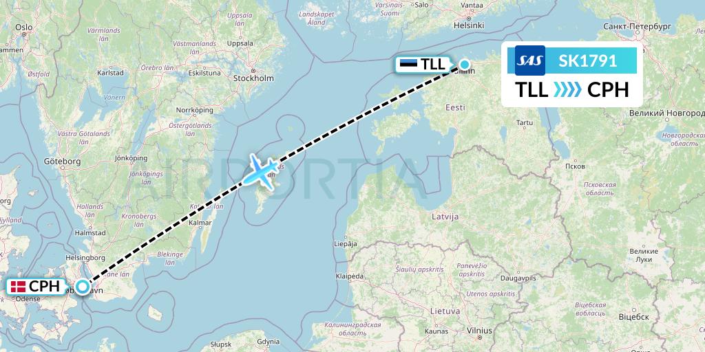 SK1791 SAS Flight Map: Tallinn to Copenhagen