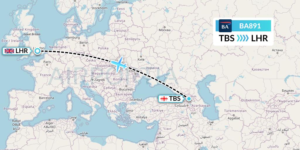 BA891 British Airways Flight Map: Tbilisi to London