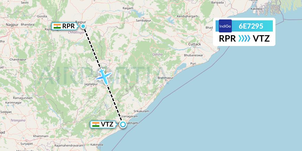 6E7295 IndiGo Airlines Flight Map: Raipur to Visakhapatnam