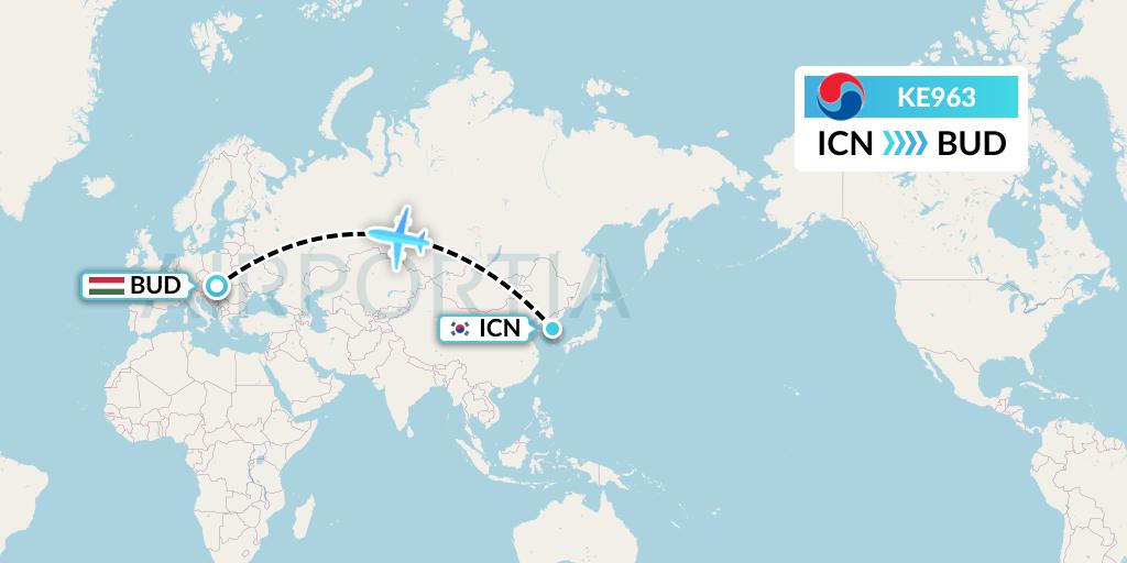 KE963 Korean Air Flight Map: Seoul to Budapest