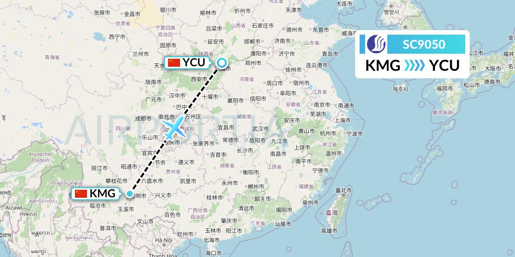 SC9050 Shandong Airlines Flight Map: Kunming to Yuncheng