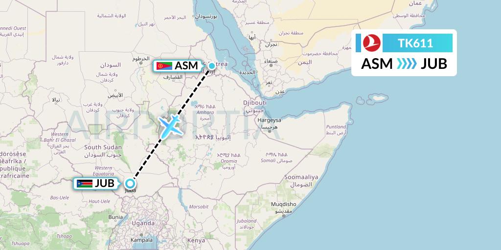 TK611 Turkish Airlines Flight Map: Asmara to Juba