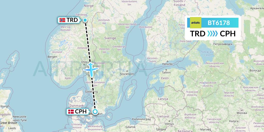 BT6178 Air Baltic Flight Map: Trondheim to Copenhagen