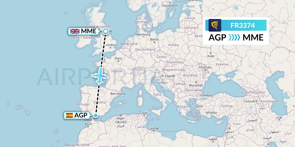 FR3374 Ryanair Flight Map: Malaga to Darlington
