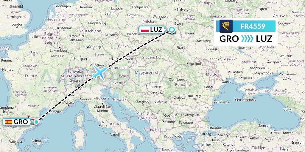 FR4559 Ryanair Flight Map: Girona to Lublin