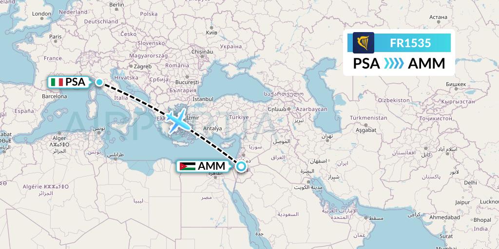 FR1535 Ryanair Flight Map: Pisa to Amman