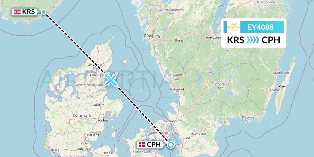 EY4088 Etihad Airways Flight Map: Kristiansand to Copenhagen