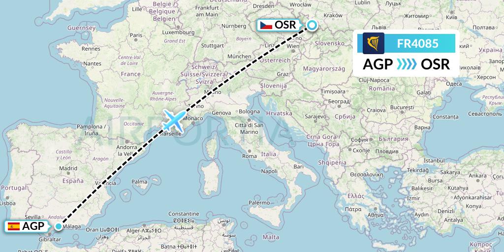 FR4085 Ryanair Flight Map: Malaga to Ostrava