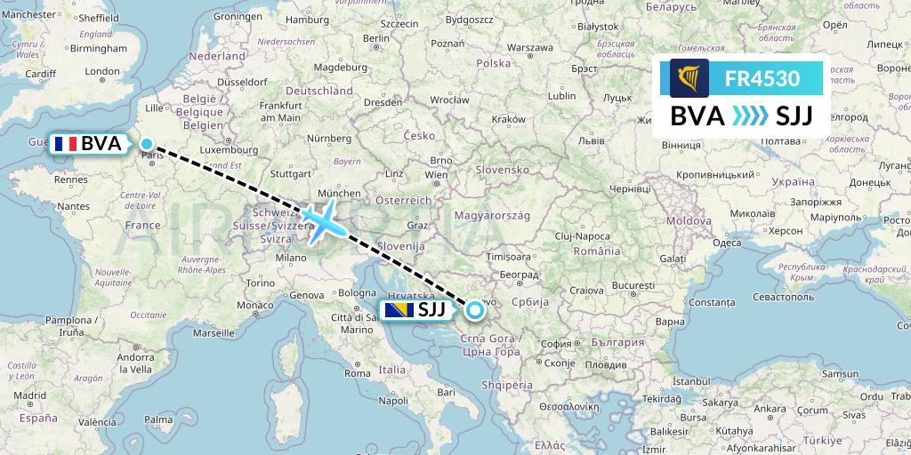 FR4530 Ryanair Flight Map: Paris to Sarajevo